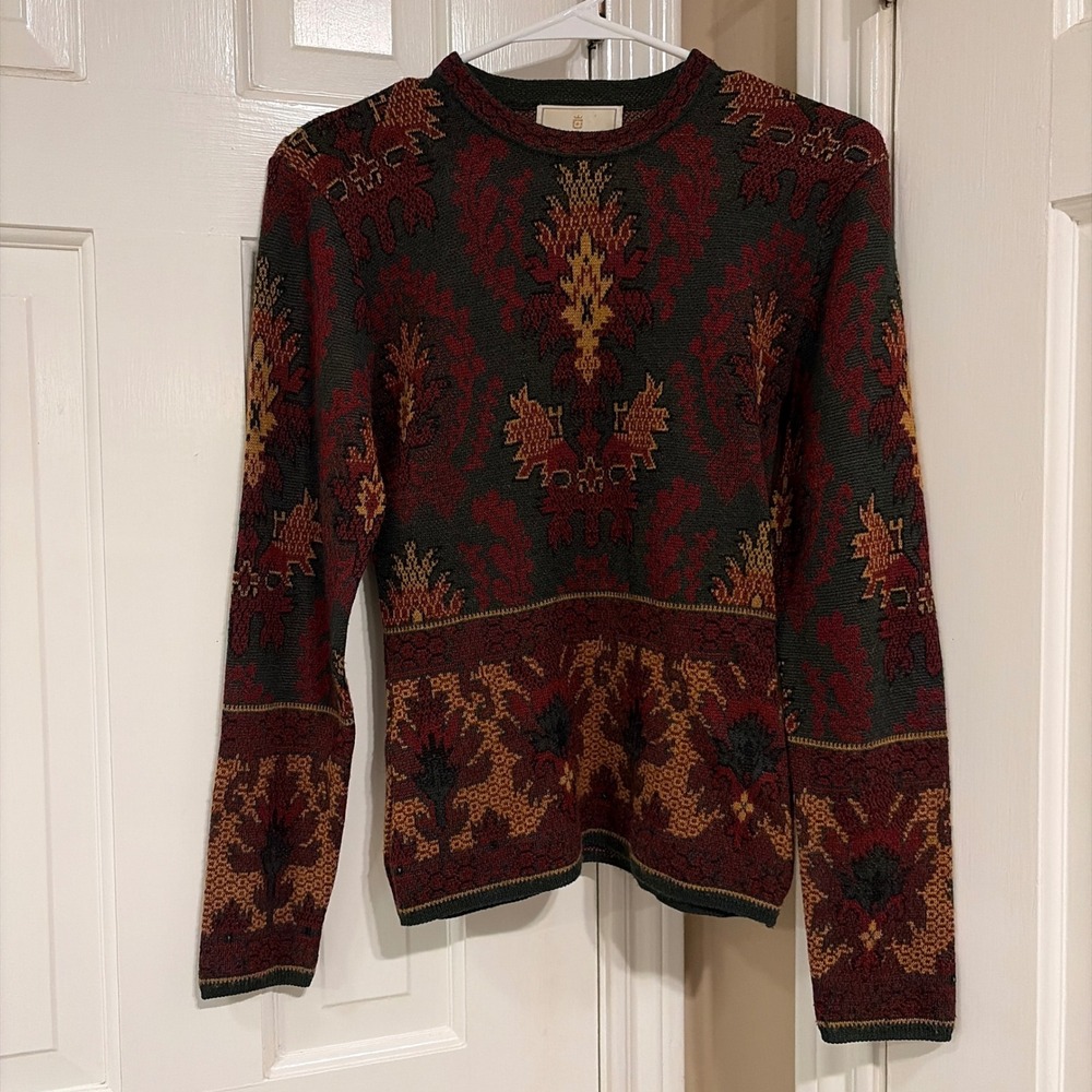 Express Womens Vintage Damask Knit Sweater Multicolor XS Wool Blend Crew Neck